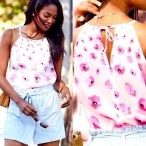 CAbi Pink Floating‎ Poppies Floral Tie Back Halter Blouse, Medium